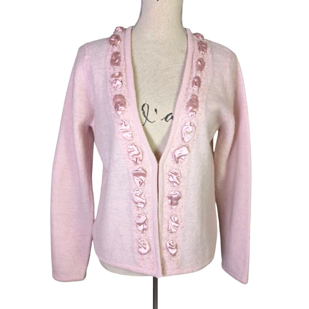 Y2K DressBarn Petite Pink Beaded Wool Cardigan Coquette Fairycore